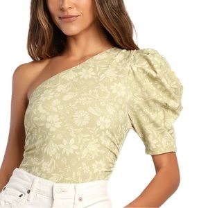 Free People One-Shoulder Floral Bodysuit in Light Sage